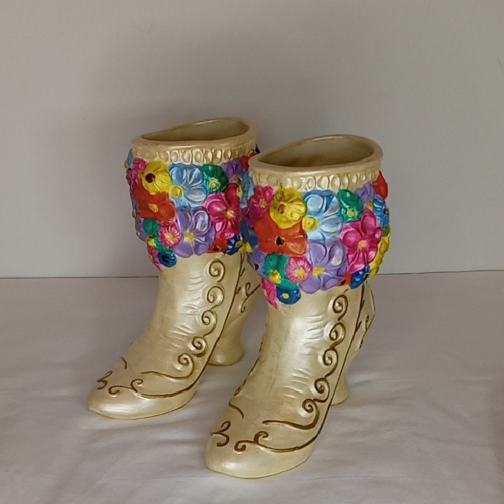 Vintage Pair  Ceramic Colorful Floral Embellished Victorian Boot Vases
